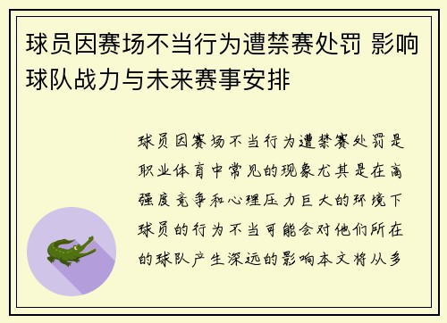 球员因赛场不当行为遭禁赛处罚 影响球队战力与未来赛事安排