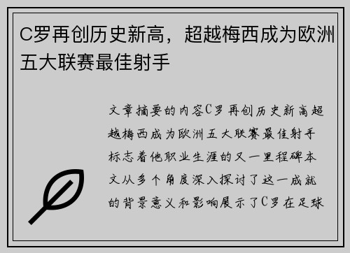C罗再创历史新高，超越梅西成为欧洲五大联赛最佳射手