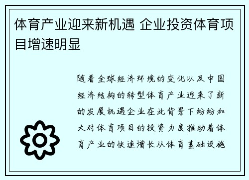 体育产业迎来新机遇 企业投资体育项目增速明显